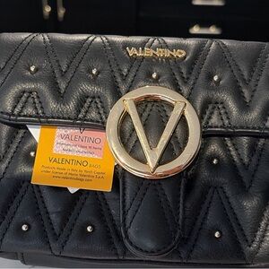 Valentino Black Quilted Leather Shoulder Bag with Gold V Emblem